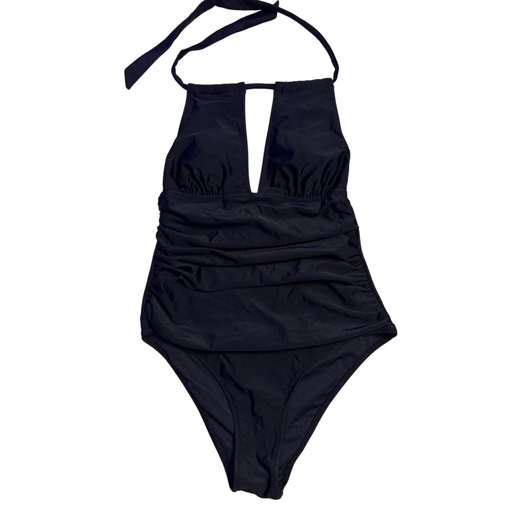 NEW CUPSHE Black Ruched Halter Keyhole One Piece Swimsuit Size M